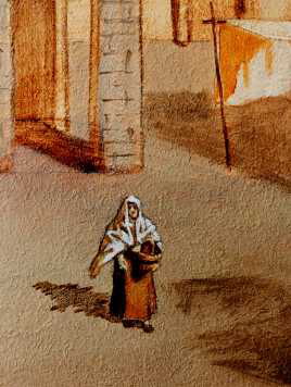 Canaletto mural, detail 7, a woman carries bread in a wicker basket. She is no more than 2 inches